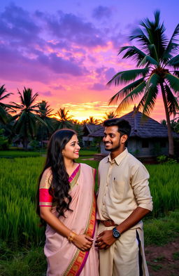 A romantic scene set in a picturesque Kerala village during twilight