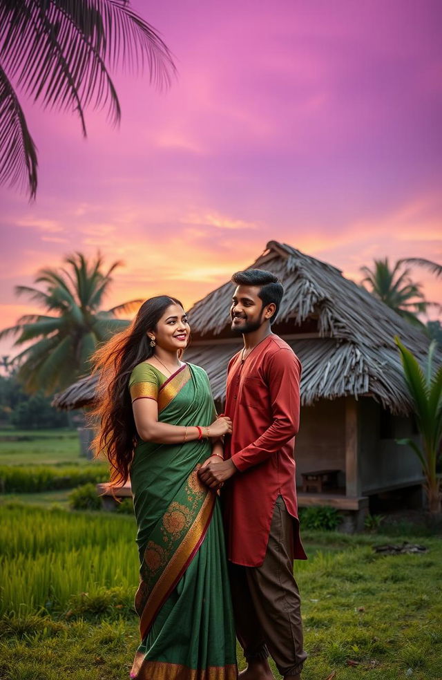 A romantic scene set in a picturesque Kerala village during twilight