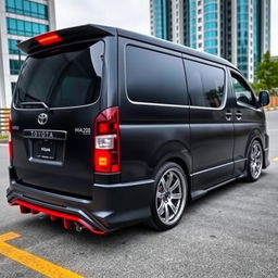 A modified Toyota HiAce 200, showcasing an impressive custom exterior with a sleek body kit, aggressive stance, and stylish alloy wheels