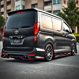 A modified Toyota HiAce 200, showcasing an impressive custom exterior with a sleek body kit, aggressive stance, and stylish alloy wheels