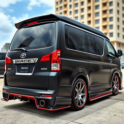 A modified Toyota HiAce 200, showcasing an impressive custom exterior with a sleek body kit, aggressive stance, and stylish alloy wheels