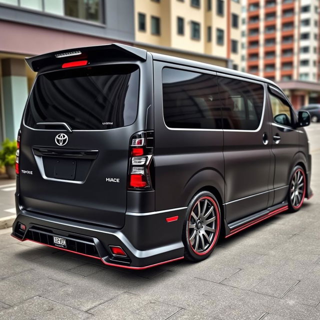 A modified Toyota HiAce 200, showcasing an impressive custom exterior with a sleek body kit, aggressive stance, and stylish alloy wheels