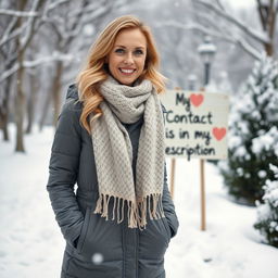 A 40-year-old American woman with long wavy blonde hair and bright blue eyes, displayed in a full-body view