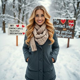 A 40-year-old American woman with long wavy blonde hair and bright blue eyes, displayed in a full-body view