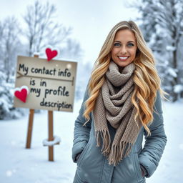 A 40-year-old American woman with long wavy blonde hair and bright blue eyes, displayed in a full-body view