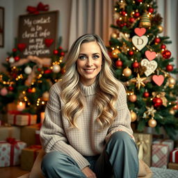 A 40-year-old American woman with long wavy blonde hair and bright blue eyes, captured in a full-body view while sitting comfortably near a beautifully decorated Christmas tree inside a cozy living room