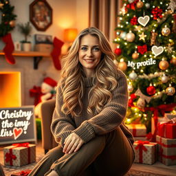 A 40-year-old American woman with long wavy blonde hair and bright blue eyes, captured in a full-body view while sitting comfortably near a beautifully decorated Christmas tree inside a cozy living room
