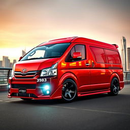 A powerful modified Toyota HiAce van in bright red color, showcasing aerodynamic bodywork, large racing-style wheels, and an aggressive front grille