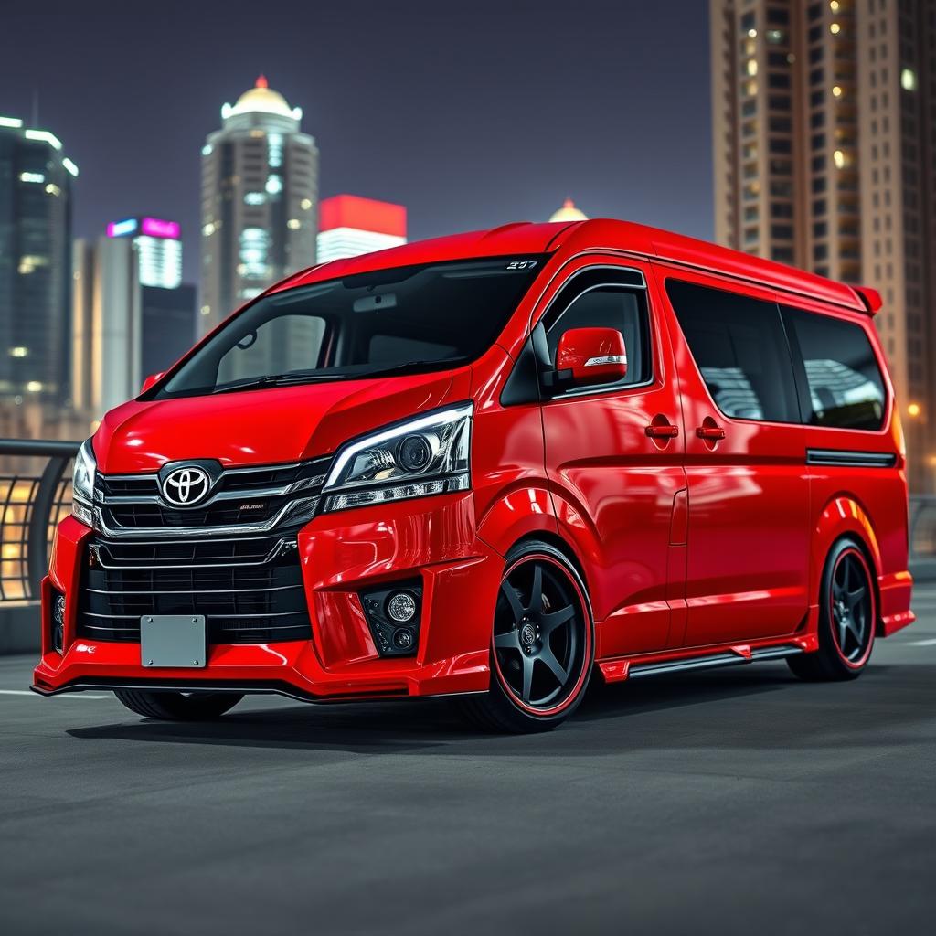 A powerful modified Toyota HiAce van in bright red color, showcasing aerodynamic bodywork, large racing-style wheels, and an aggressive front grille