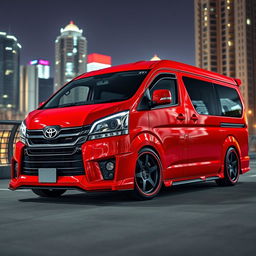 A powerful modified Toyota HiAce van in bright red color, showcasing aerodynamic bodywork, large racing-style wheels, and an aggressive front grille