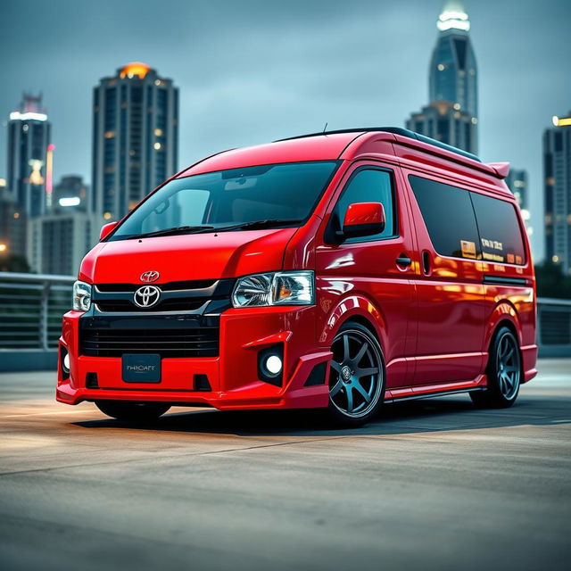 A powerful modified Toyota HiAce van in bright red color, showcasing aerodynamic bodywork, large racing-style wheels, and an aggressive front grille