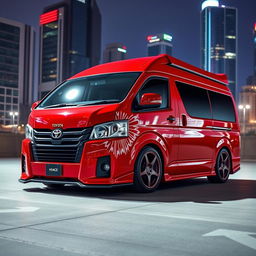 A powerful modified Toyota HiAce van in bright red color, showcasing aerodynamic bodywork, large racing-style wheels, and an aggressive front grille