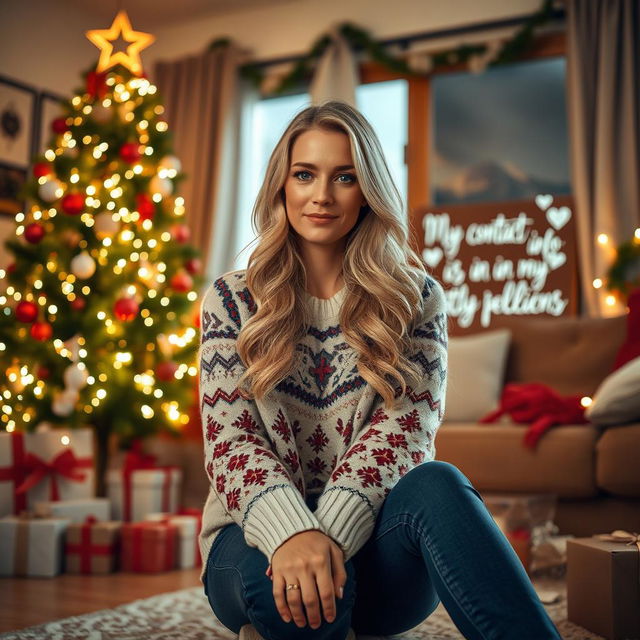 A 40-year-old American woman with long wavy blonde hair and bright blue eyes, presented in a full-body view while sitting gracefully near a beautifully illuminated Christmas tree inside a cozy living room