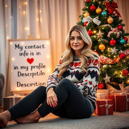 A 40-year-old American woman with long wavy blonde hair and bright blue eyes, depicted in a full-body view while sitting elegantly near a beautifully adorned Christmas tree inside a warm and inviting living room