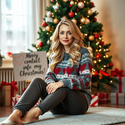 A 40-year-old American woman with long wavy blonde hair and bright blue eyes, depicted in a full-body view while sitting elegantly near a beautifully adorned Christmas tree inside a warm and inviting living room