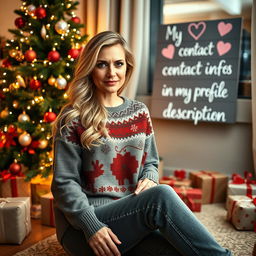 A 40-year-old American woman with long wavy blonde hair and bright blue eyes, depicted in a full-body view while sitting elegantly near a beautifully adorned Christmas tree inside a warm and inviting living room