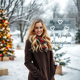 A 40-year-old American woman with long wavy blonde hair and bright blue eyes, depicted in a full-body view while standing next to a beautifully decorated Christmas tree outdoors in a picturesque winter setting