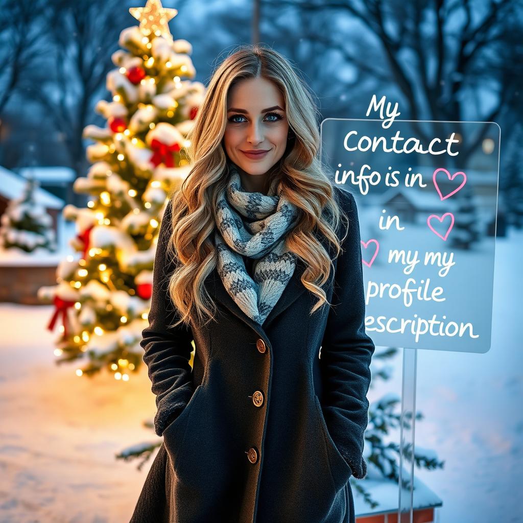 A 40-year-old American woman with long wavy blonde hair and bright blue eyes, depicted in a full-body view while standing next to a beautifully decorated Christmas tree outdoors in a picturesque winter setting