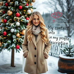 A 40-year-old American woman with long wavy blonde hair and bright blue eyes, depicted in a full-body view while standing next to a beautifully decorated Christmas tree outdoors in a picturesque winter setting