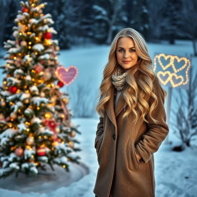 A 40-year-old American woman with long wavy blonde hair and bright blue eyes, depicted in a full-body view while standing next to a beautifully decorated Christmas tree outdoors in a picturesque winter setting