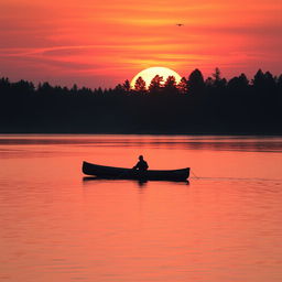A serene and beautiful sunset over a tranquil lake, reflecting vibrant orange and pink hues in the sky