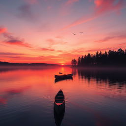 A serene and beautiful sunset over a tranquil lake, reflecting vibrant orange and pink hues in the sky