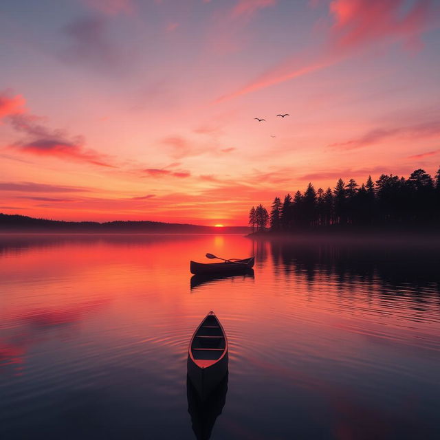 A serene and beautiful sunset over a tranquil lake, reflecting vibrant orange and pink hues in the sky