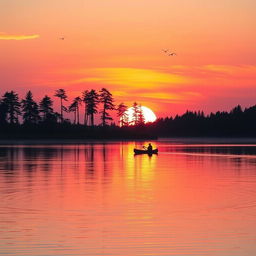 A serene and beautiful sunset over a tranquil lake, reflecting vibrant orange and pink hues in the sky
