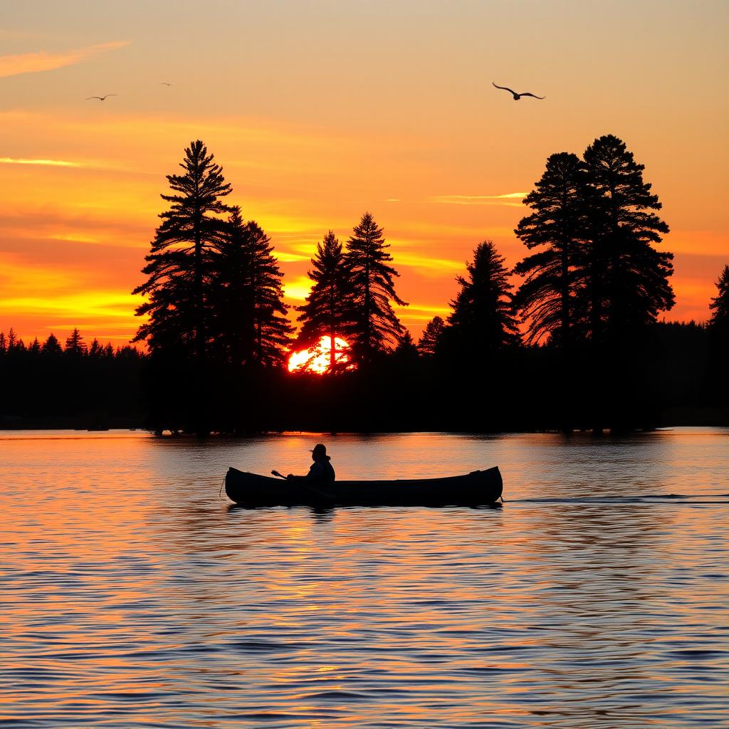 A serene and beautiful sunset over a tranquil lake, reflecting vibrant orange and pink hues in the sky