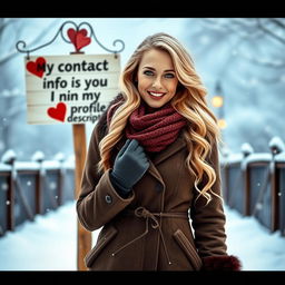 A 40-year-old American woman with long wavy blonde hair and bright blue eyes, shown in a full-body view, standing confidently in a picturesque winter setting