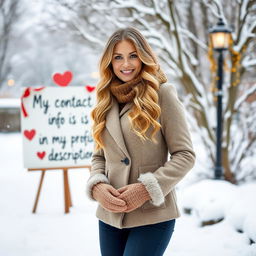 A 40-year-old American woman with long wavy blonde hair and bright blue eyes, shown in a full-body view, standing confidently in a picturesque winter setting