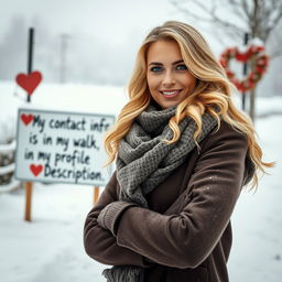 A 40-year-old American woman with long, wavy blonde hair and bright blue eyes, portrayed in a full-body view, confidently standing in a snowy winter landscape