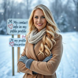 A 40-year-old American woman with long, wavy blonde hair and bright blue eyes, portrayed in a full-body view, confidently standing in a snowy winter landscape