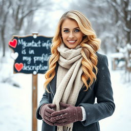 A 40-year-old American woman with long, wavy blonde hair and bright blue eyes, portrayed in a full-body view, confidently standing in a snowy winter landscape