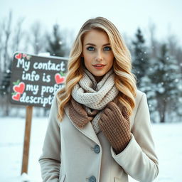 A 40-year-old American woman with long wavy blonde hair and striking blue eyes, presented in a full-body view, standing gracefully in a winter landscape