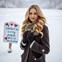 A 40-year-old American woman with long wavy blonde hair and striking blue eyes, presented in a full-body view, standing gracefully in a winter landscape