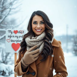 A 40-year-old American woman with long wavy dark hair and striking green eyes, presented in a full-body view, elegantly standing in a beautiful winter landscape