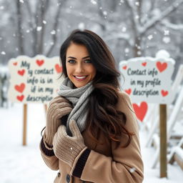 A 40-year-old American woman with long wavy dark hair and striking green eyes, presented in a full-body view, elegantly standing in a beautiful winter landscape
