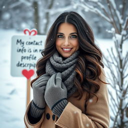 A 40-year-old American woman with long wavy dark hair and striking green eyes, presented in a full-body view, elegantly standing in a beautiful winter landscape