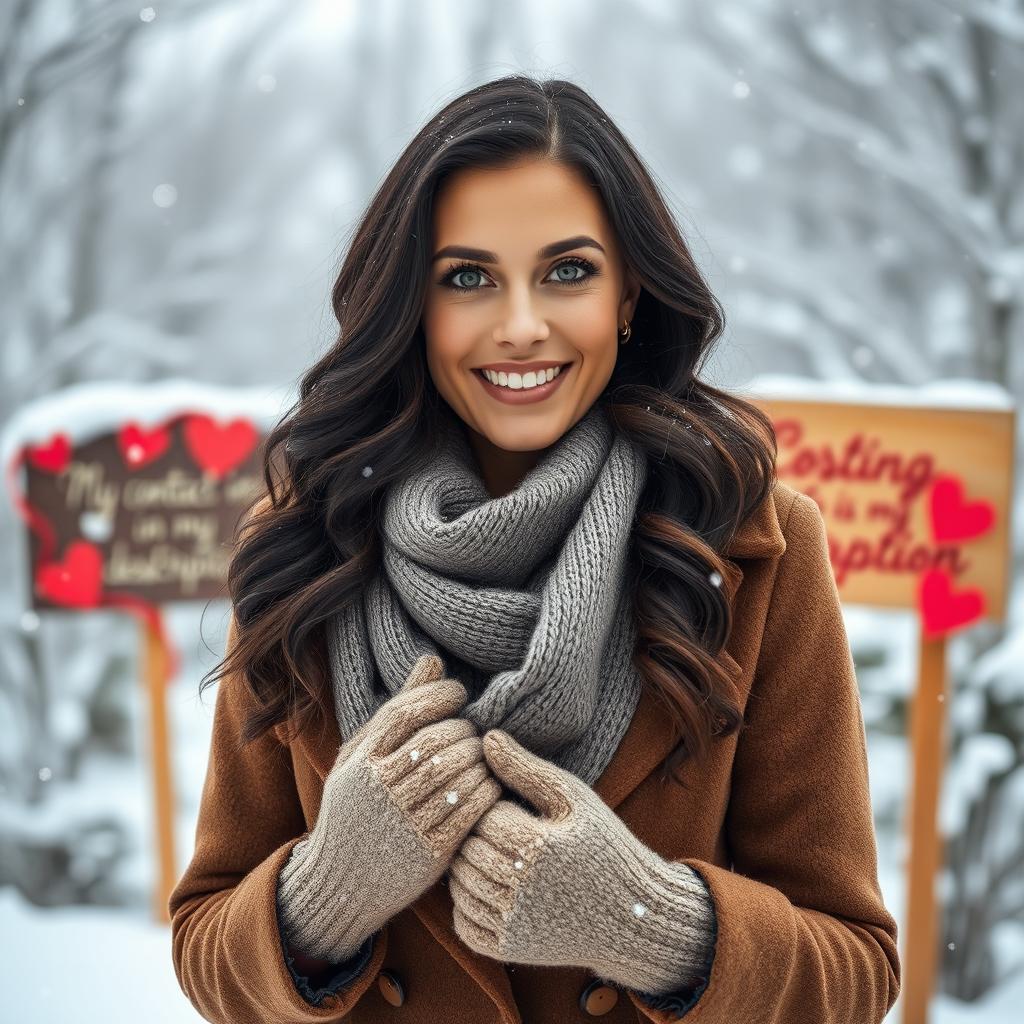 A 40-year-old American woman with long wavy dark hair and striking green eyes, presented in a full-body view, elegantly standing in a beautiful winter landscape