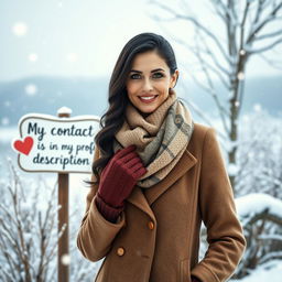 A 40-year-old American woman with long wavy dark hair and striking green eyes, depicted in a full-body view, standing elegantly in a picturesque winter landscape