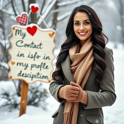 A 40-year-old American woman with long wavy dark hair and vibrant green eyes, depicted in a full-body view, standing confidently in a picturesque winter setting
