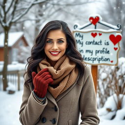 A 40-year-old American woman with long wavy dark hair and vibrant green eyes, depicted in a full-body view, standing confidently in a picturesque winter setting