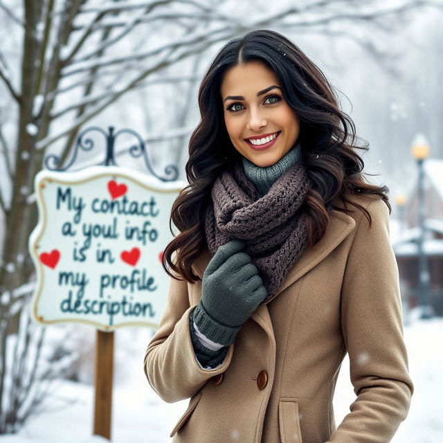 A 40-year-old American woman with long wavy dark hair and vibrant green eyes, depicted in a full-body view, standing confidently in a picturesque winter setting