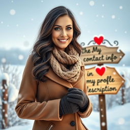 A 40-year-old American woman with long wavy dark hair and vibrant green eyes, depicted in a full-body view, standing confidently in a picturesque winter setting