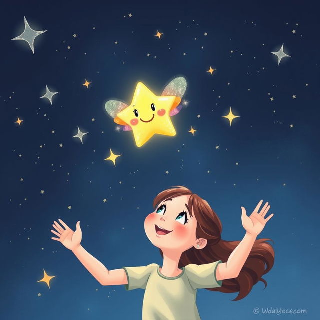 An enchanting illustration of a small, glowing star with a cheerful face and sparkling, colorful wings, soaring through a night sky filled with twinkling stars