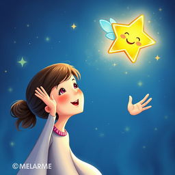 An enchanting illustration of a small, glowing star with a cheerful face and sparkling, colorful wings, soaring through a night sky filled with twinkling stars