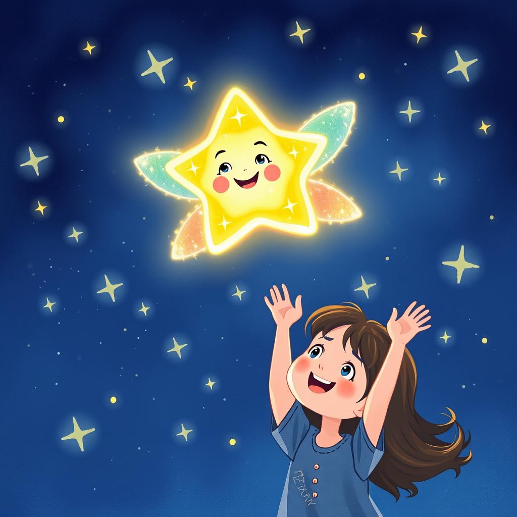 An enchanting illustration of a small, glowing star with a cheerful face and sparkling, colorful wings, soaring through a night sky filled with twinkling stars