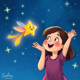 An enchanting illustration of a small, glowing star with a cheerful face and sparkling, colorful wings, soaring through a night sky filled with twinkling stars