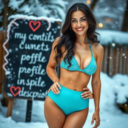 A 40-year-old American woman with long wavy dark hair and vibrant green eyes, depicted in a full-body view, confidently standing in a stylish swimsuit that contrasts with the winter setting